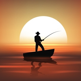 Fisherman in a boat on sundown sea background