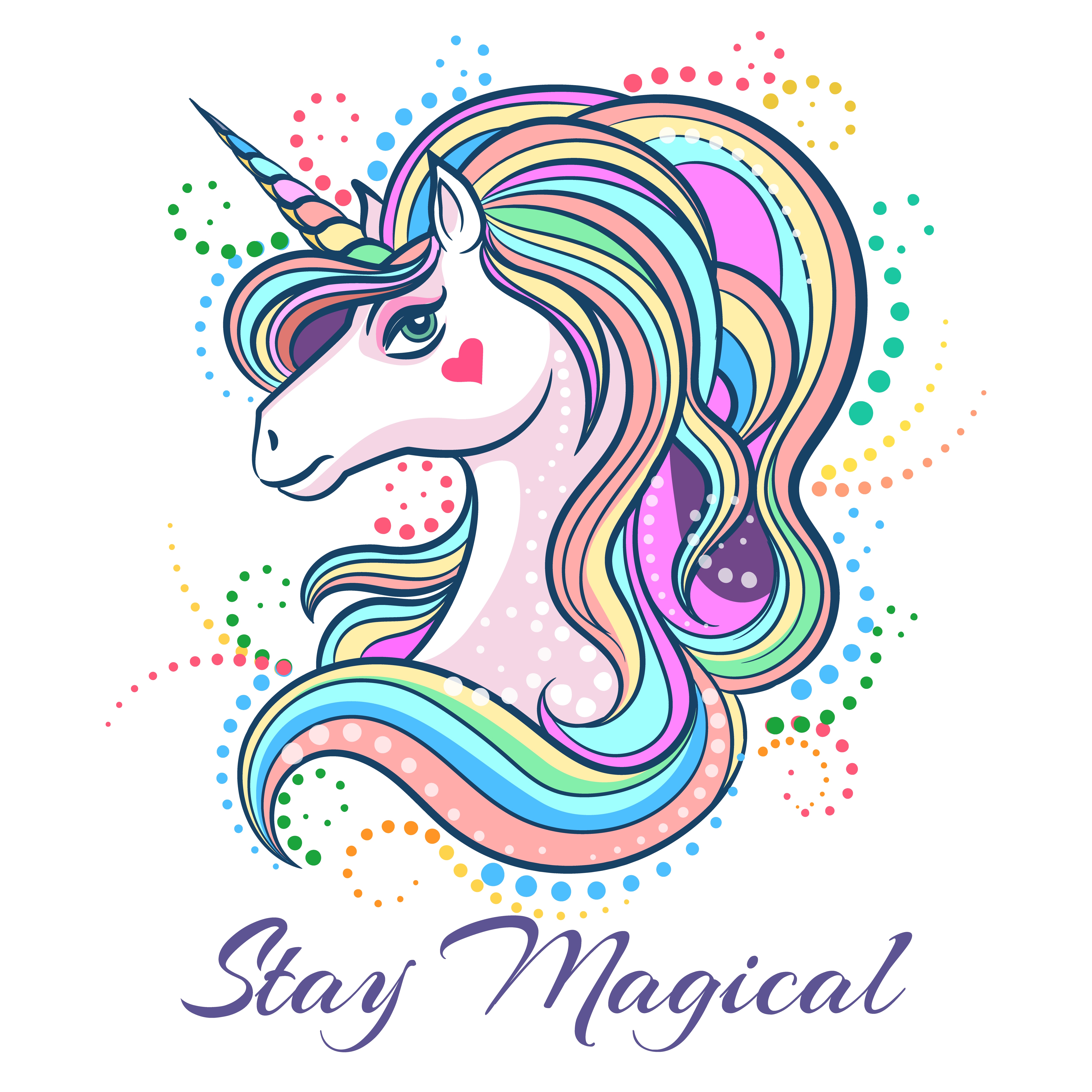 Colorful cartoon unicorn head. Rainbow colored unicorn head with wording stay magical