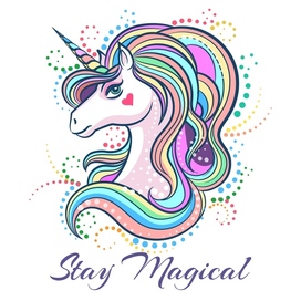 Colorful cartoon unicorn head. Rainbow colored unicorn head with wording stay magical