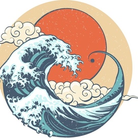 Japan Great Wave and Sun Retro Illustration