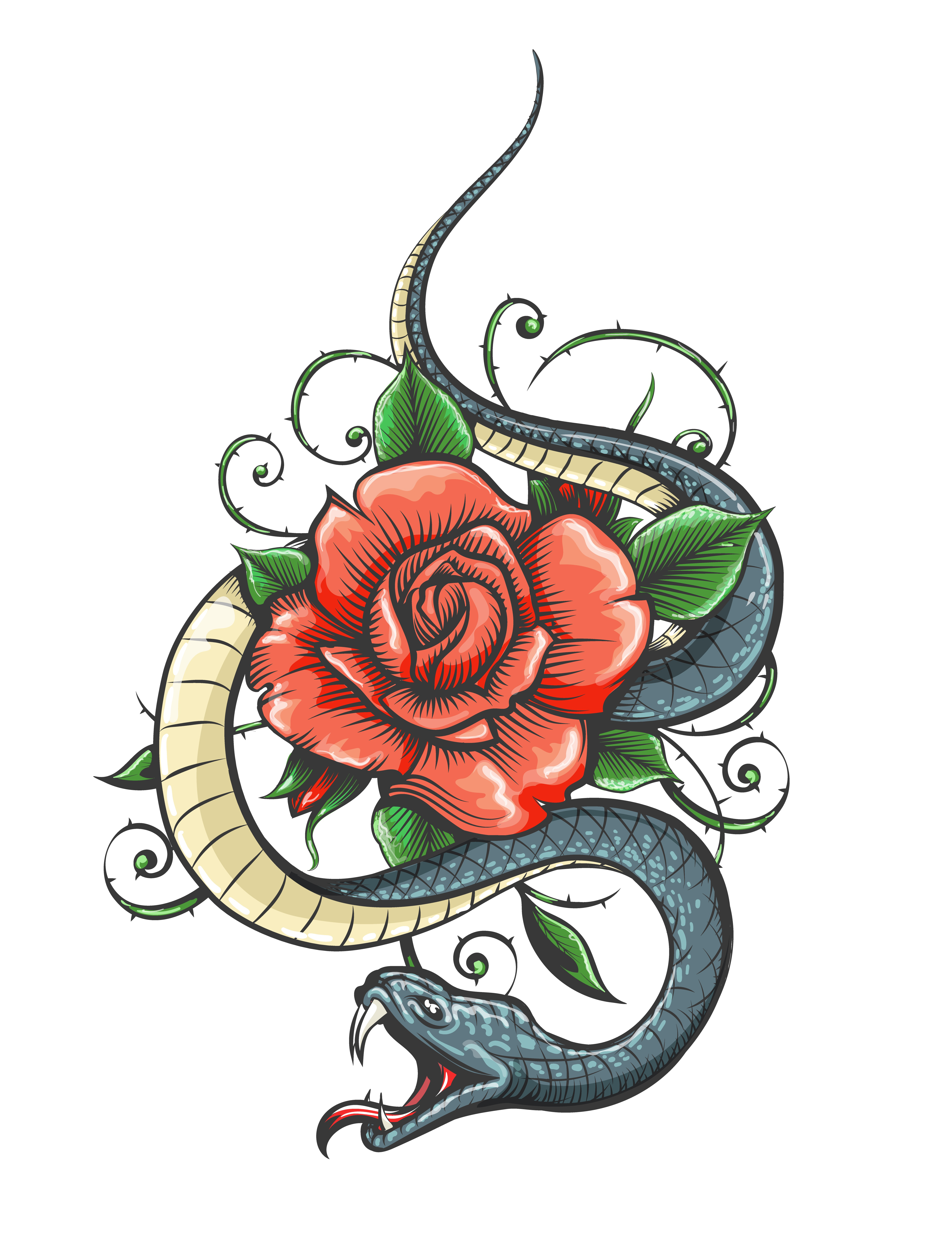 Snake and Rose Flower Colored Tattoo in Engraving Style