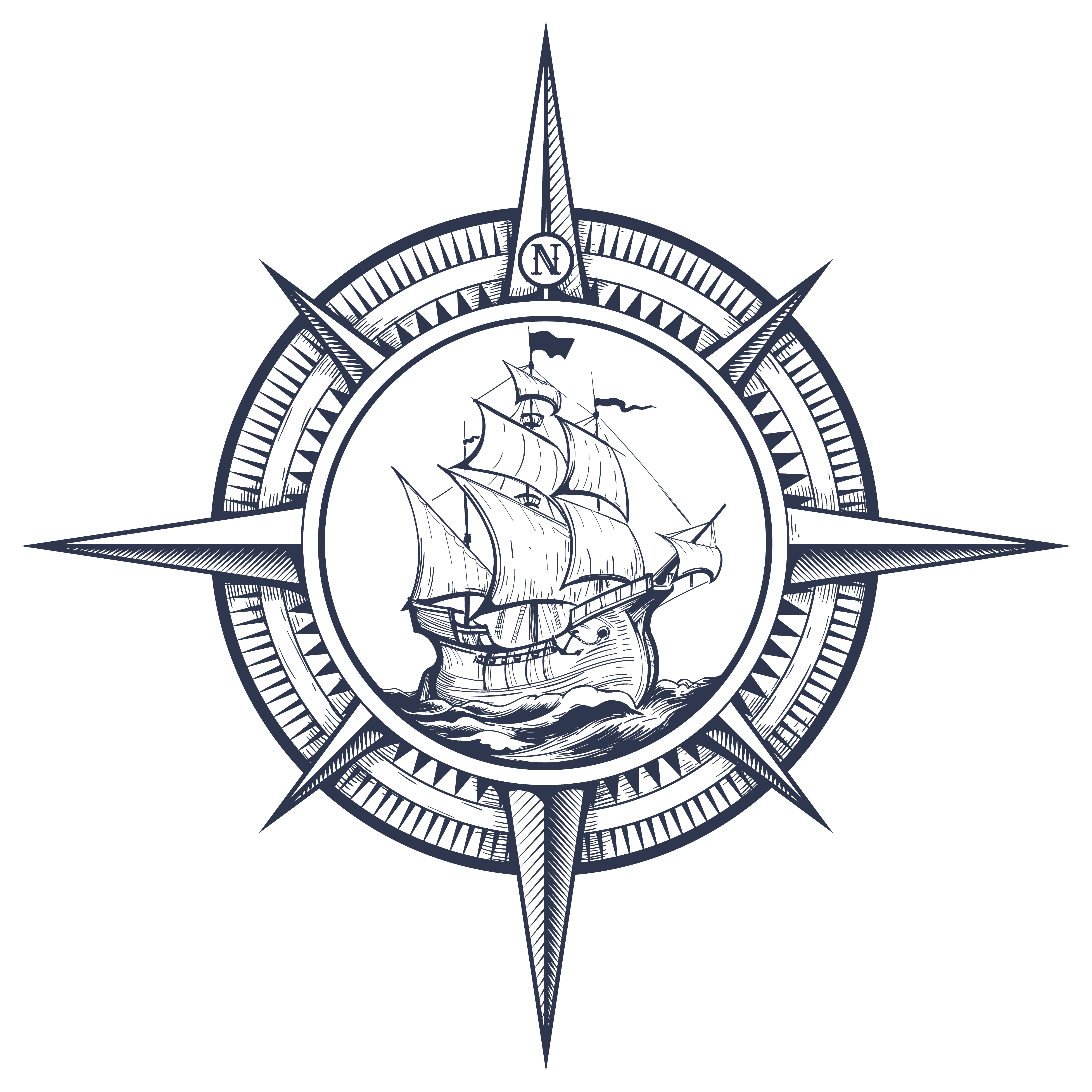 Nautical Windrose with Sailing Ship inside