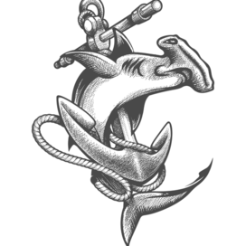 Hammerhead Shark and Ship Anchor Tattoo in Engraving Style