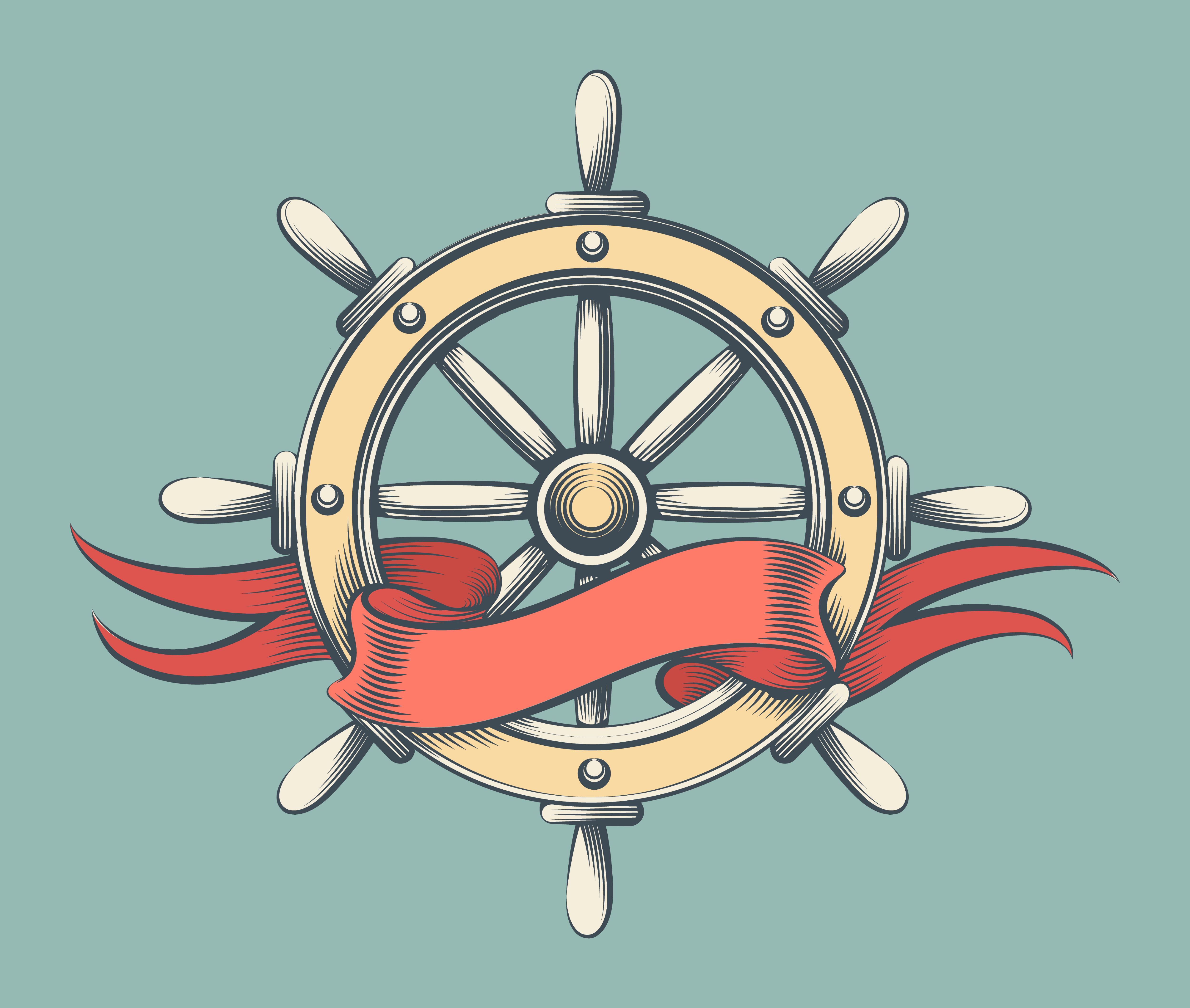 Hand Made Vintage Steering Wheel with Banner Drawn in Engraving Style
