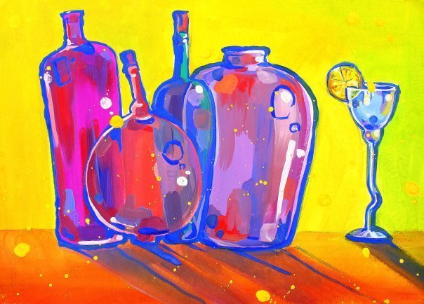 Гуашь можно рисовать на стекле. Декоративный натюрморт с бутылками гуашью. Рисование стекла гуашью. Бутылка декоративная гуашью. Натюрморт стеклянные цветные бутылки гуашь.