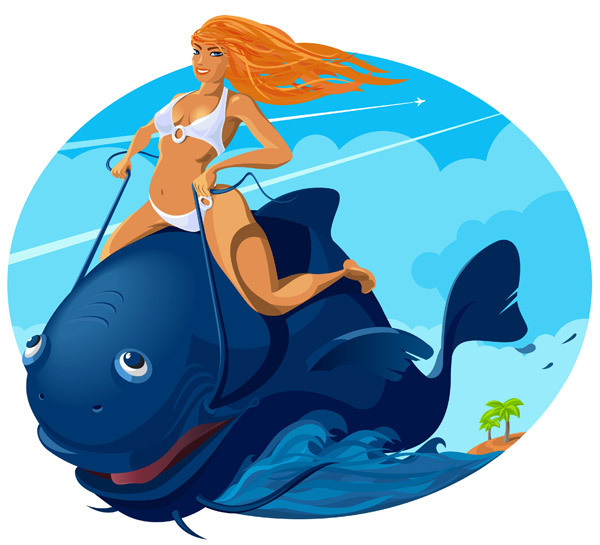 Иллюстрация Девушка на синей рыбе в стиле анимационный Illustrators.ru.