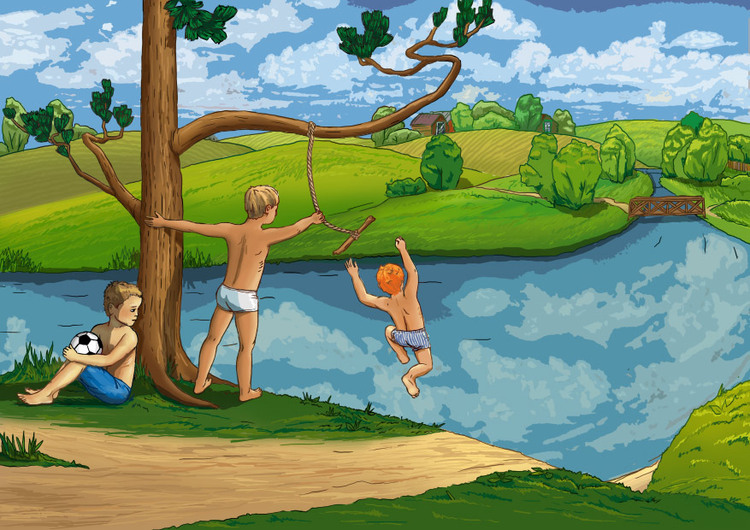 Ребята пойдемте купаться. Люди на речке. Рисунок на тему лето. Нарисовать речку ребенку. Детство на речке.