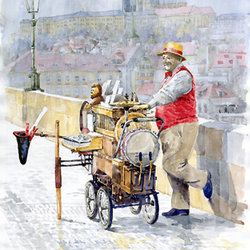 Prague Charles Bridge Organ Grinder-Seller Happiness