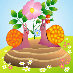 Встреча двух улиток на камне под шиповником.