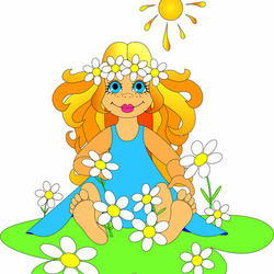 Маленькая девочка с ромашками на лужайке и веночком на голове.