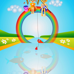 Дети сидят на радуге и ловят рыбу из речки.