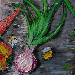 Green onions on a gray background
