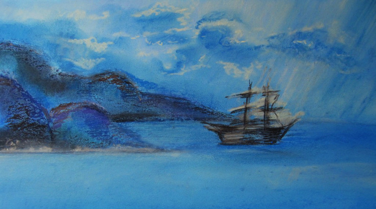 Неведомые берега. Парусник сухой пастелью. Картины корабли пастелью. Картины корабль в ночи пастелью сухой. Пастель рисунок морская темп для детей 5 лет.