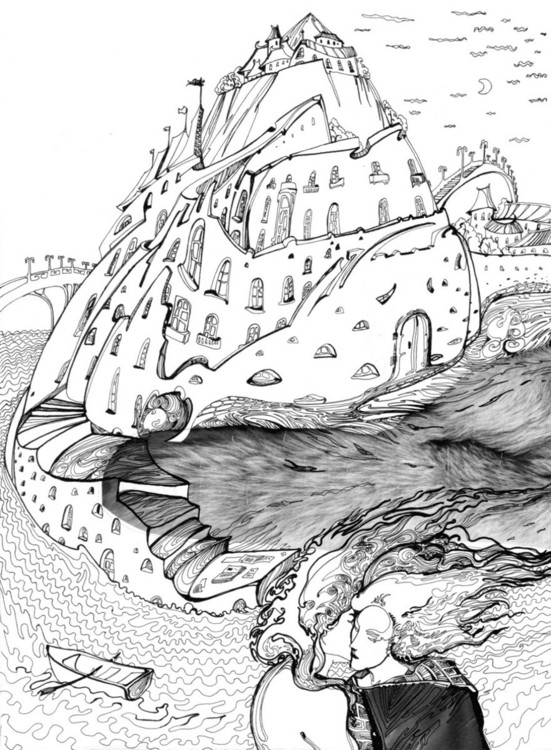 Иллюстрация вавилонская башня, поцелуй на ветру в стиле