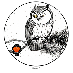 owl and happy bullfinch