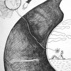 pregnent woman looks up at the sky and sees Gagarin's rocket