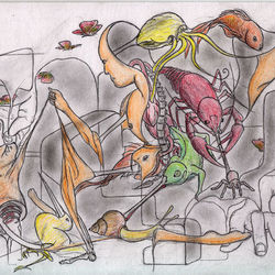 Сюрреалистический человек играет с сюрреалистической кошкой