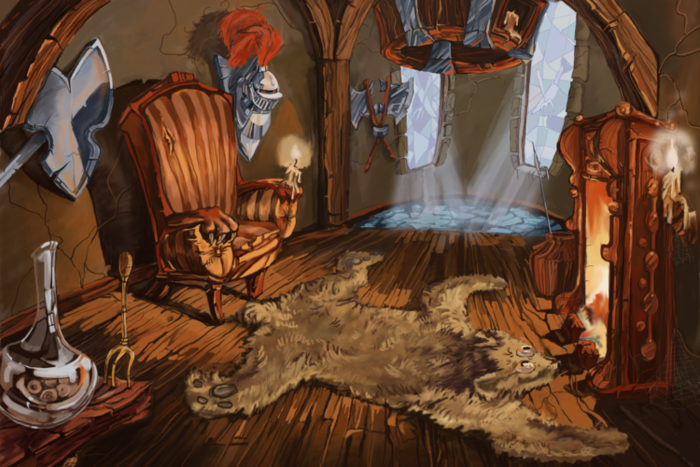 Сказка дом кота. Замок людоеда. Комната сказочного героя. Сказочные интерьеры иллюстрации. Сказочный людоед.