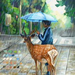 олень,мальчик и синий зонт
