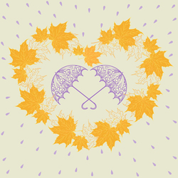 Autumn heart pattern with maple leaves and umbrellas. Vector pattern