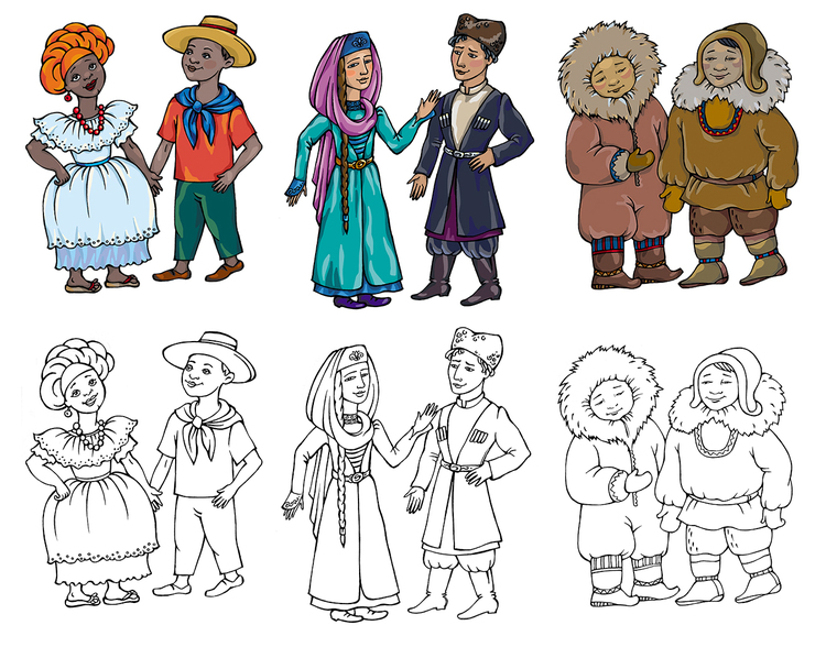 Нарисуй хоровод людей в национальных костюмах орксэ