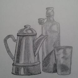 Натюрморт. Бутылка, кофейник и стакан.