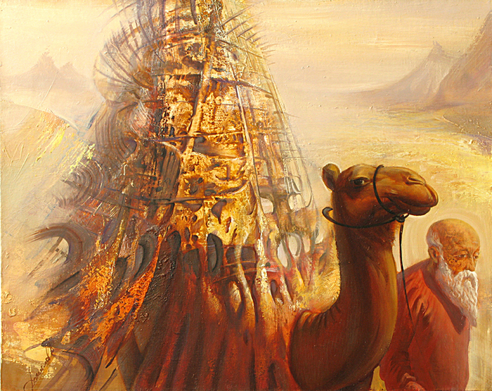 Дали караван. Художник Алмамедов пустыня. Караван картина. Верблюды картины художников. Пустыня композиция.