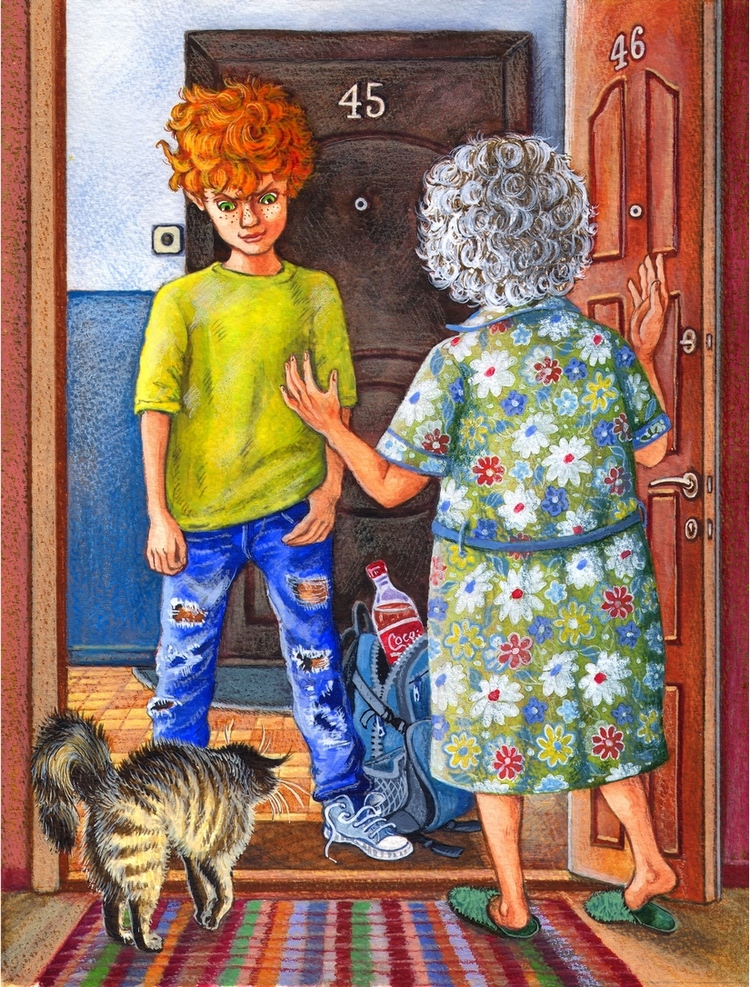 И мальчики приходившие в гости. Гость на пороге иллюстрации. Необыкновенные приключения кошки Нюси. Старушка открывает дверь. Бабка открывает дверь.