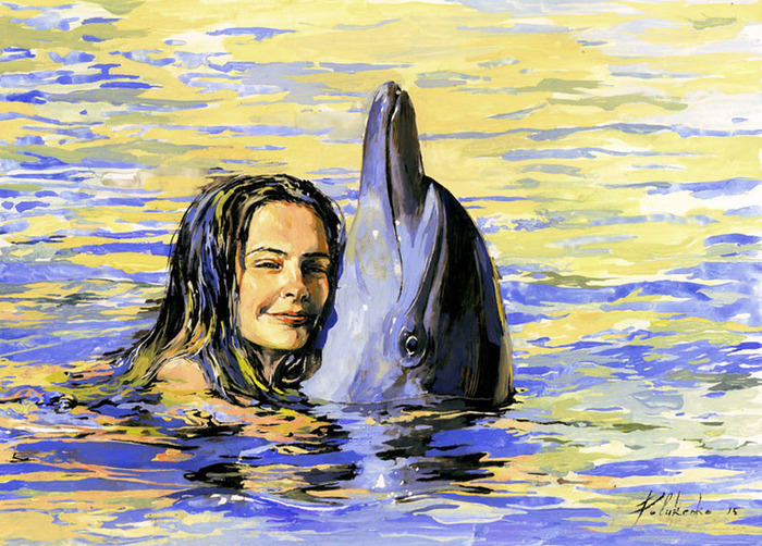 Леночка дельфин. Девочка и Дельфин. Картина девушка с дельфином. Дельфин с людьми живопись. Девочка и Дельфин живопись.