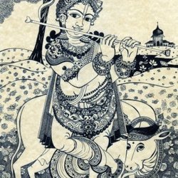 Пастушек Кришна играет на флейте.