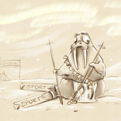 морж, мужского полу, в наряде Тарзана, катание на лыжах, обиженный
