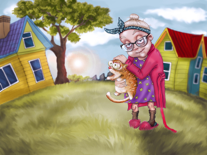 Для отопления дома бабушка решила. Бабушка с котиком. Старушка с котом. Кот и старушки иллюстрации. Дедушка бабушка и кот.