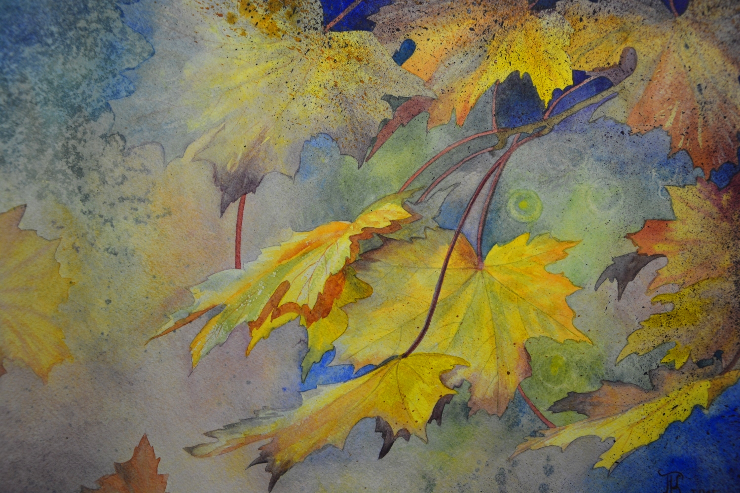 Картина осенних листьев. Осень акварель. Золотая осень акварель. Осенний пейзаж акварелью. Кленовый лист живопись.