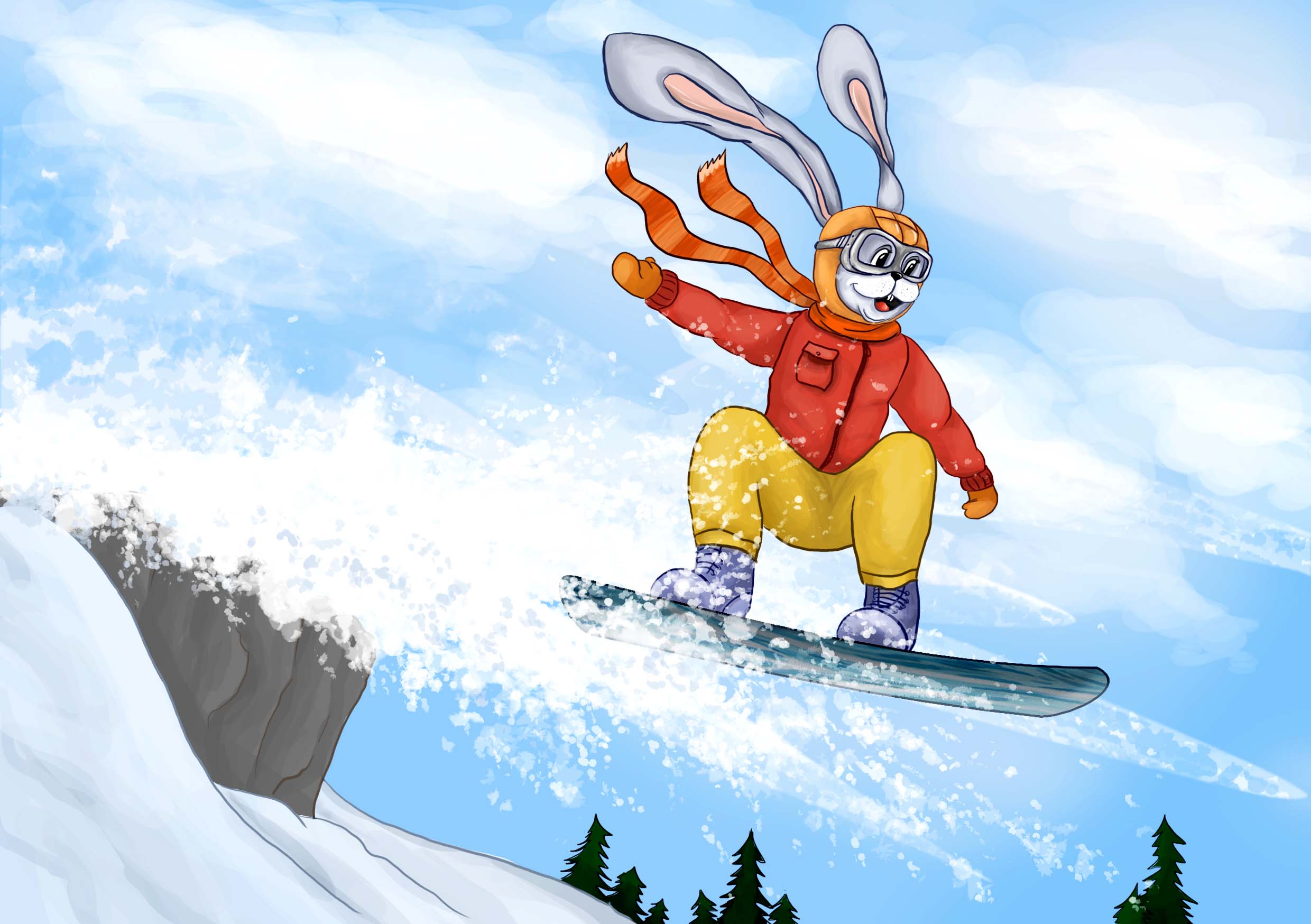 Заяц в ластах. Заяц на лыжах. Заяц сноубордист. Сноубордист рисунок. Сноуборд мультяшный.