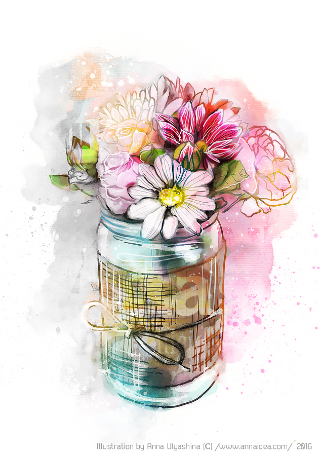 Иллюстрация Букет цветов в банке в стиле журнальный, компьютерная