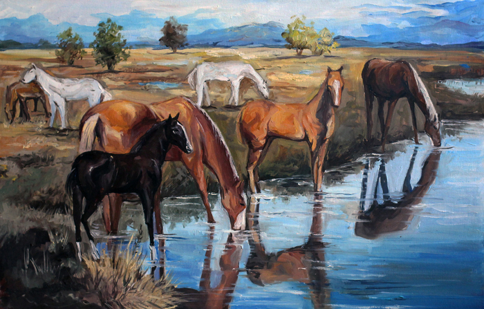 Мужчина привел лошадь. Картина Виктора Сорокина "на водопое". Картина лошади. Лошади на водопое. Картина лошади на водопое.