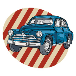 Retro car. Striped background.