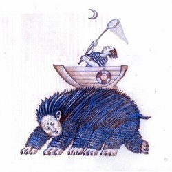 моряк сидя в лодке бросившей якорь на спине шестипалоко зверя, пытается сачком поймать полумесяц
