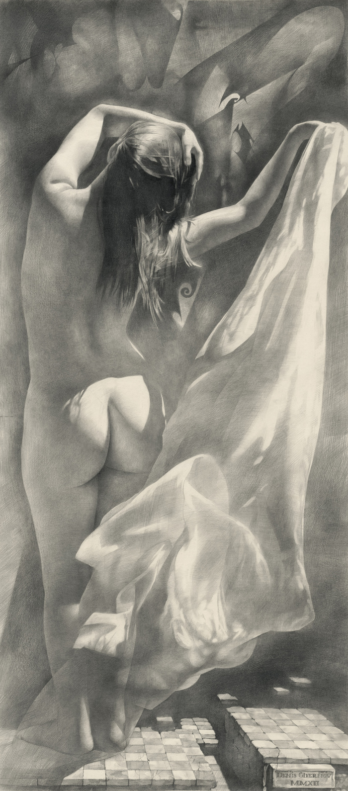 Main 2000 2012 flying tiles 105x47 pencil on paper