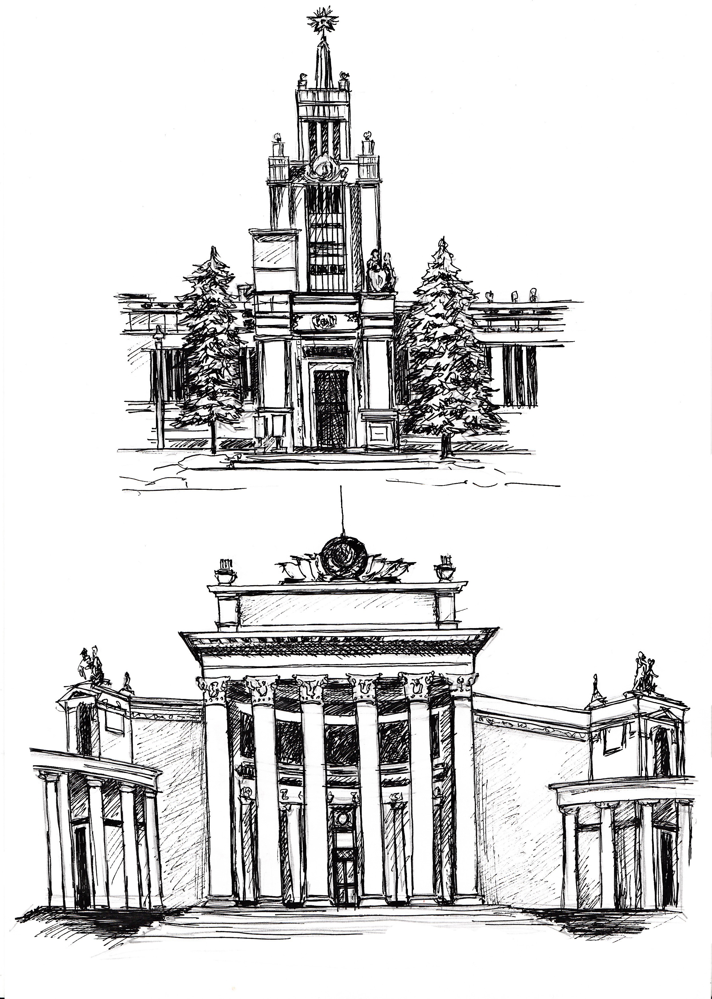 Иллюстрация Архитектура ВДНХ в стиле графика | Illustrators.ru