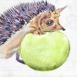 Ежик катается на яблоке