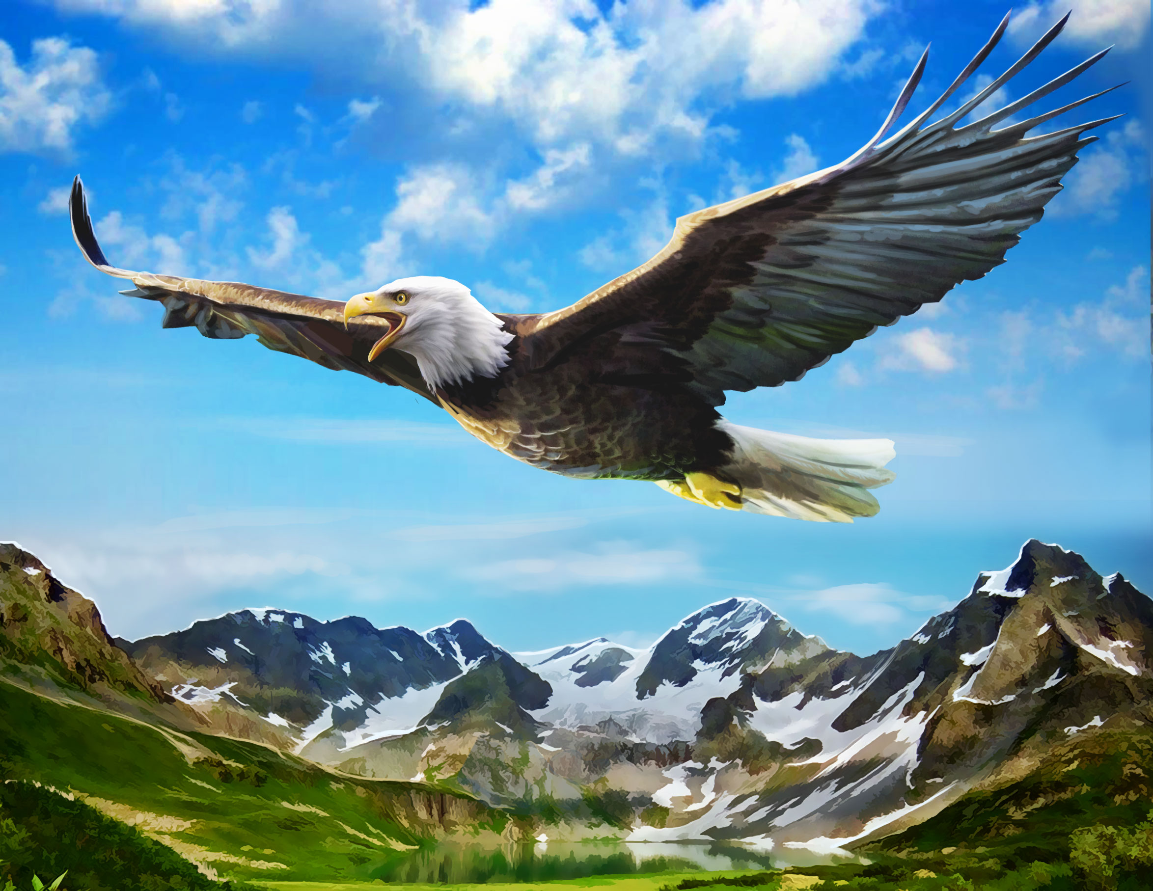 Орел в полете над горами