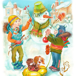 Дети и снеговик Мотя. Иллюстрация к рассказу С. Георгиева
