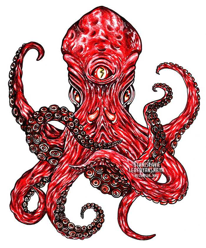 Octopus sketch, sur, red, eye, evil, neotrad, tattoo flash, illustration. 