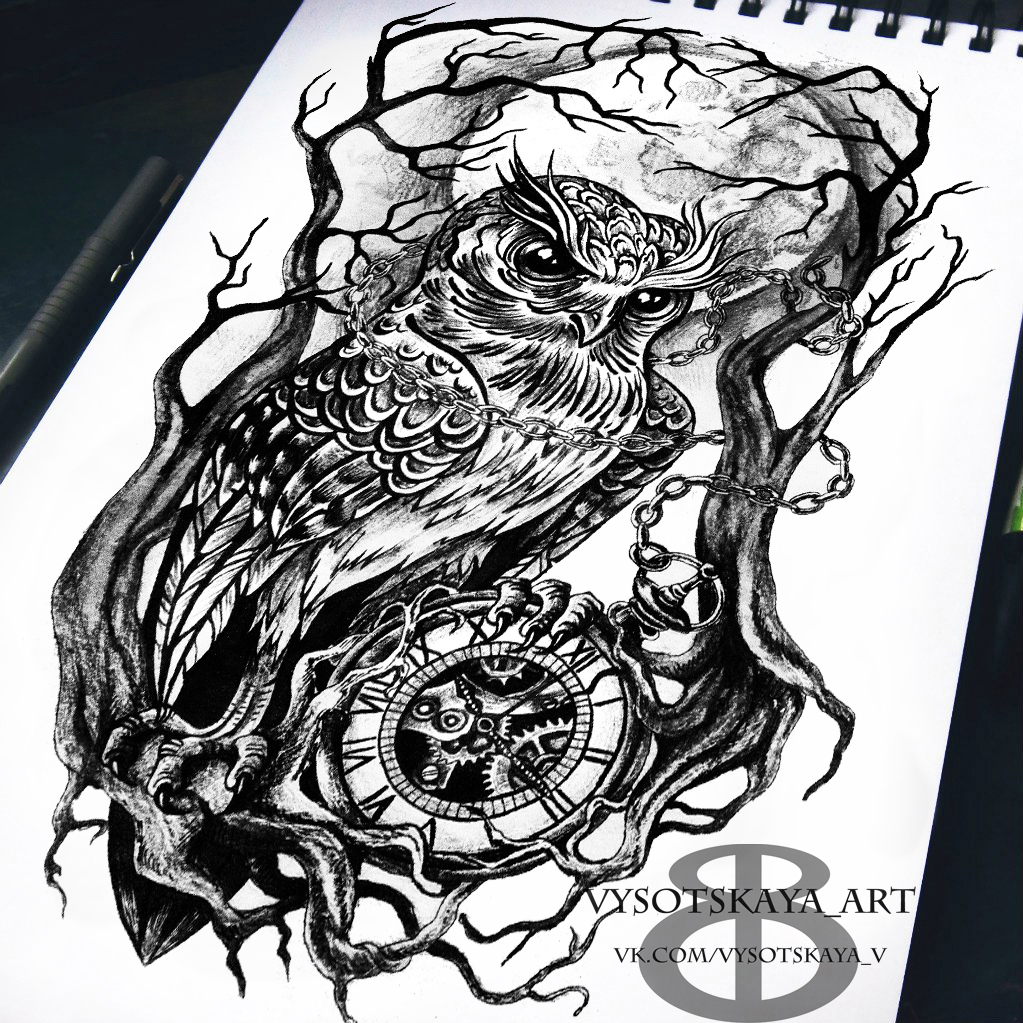 Иллюстрация эскиз тату сова в стиле абстракция, декоративный,