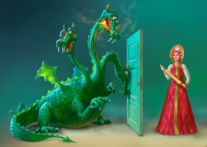 Иллюстрация Горыныч и Василиса в стиле 2d, журнальный, карикатура