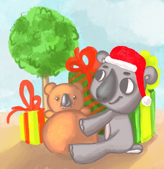 Коала и Новый год делает «снежную» коалу из песка
