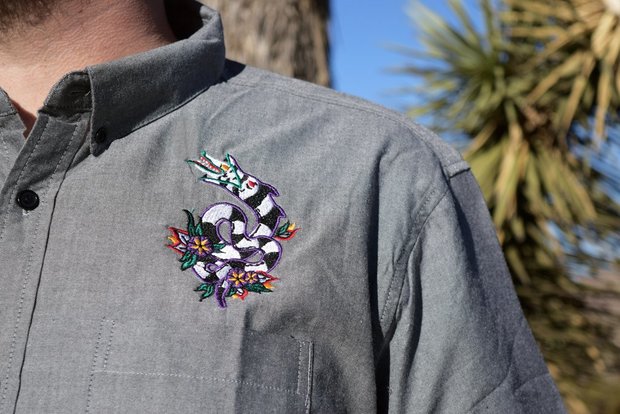 Main a classic paradise by viva dulce marina merry scary christmas disney holiday mens button down shirt in gray dapper day goth clothing by tony ray holiday close up 1024x1024