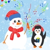 Новогодний милый рисунок снеговика и пингвинёнка в снежном пейзаже