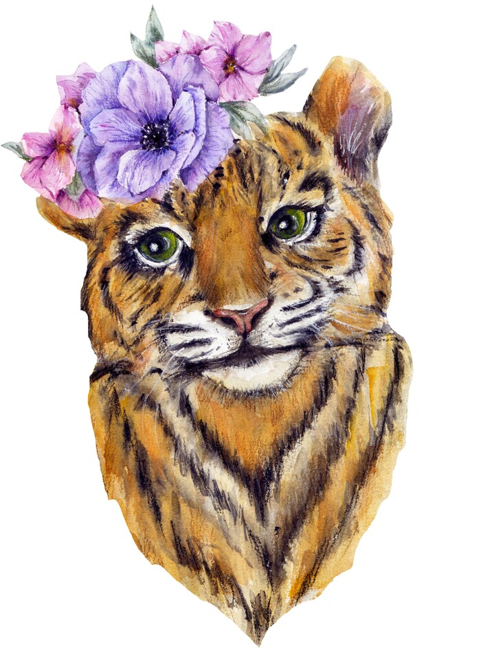 Тигр с цветами анемоны